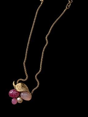 Dior Gold Leaf Necklace with Pink and Pearl Accents